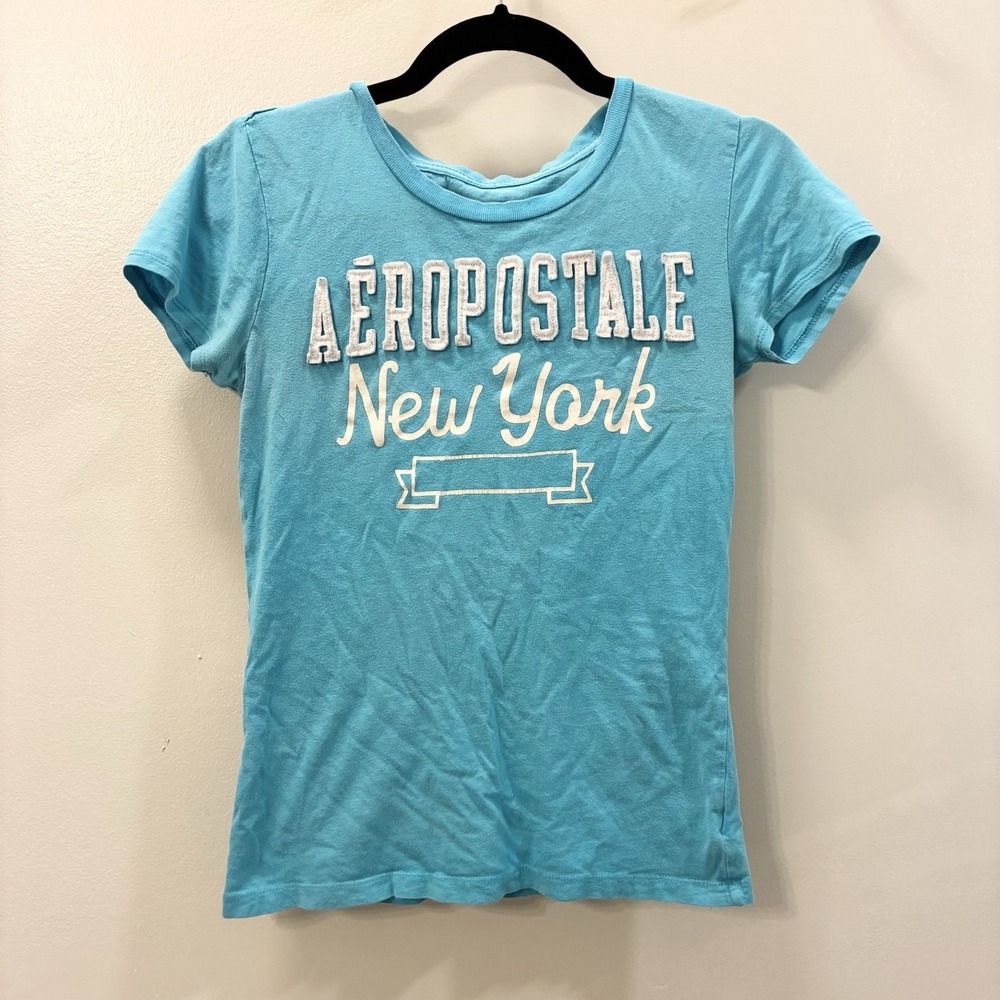 Y2K Aeropostale Applique Logo Graphic Tight Baby T Shirt Blue Juniors Medium